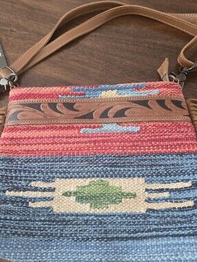 MYRA BAG Woven Southwestern Fringe Crossbody Bag in Red, Blue and Tan NWT